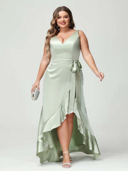 V-Neck Sleeveless High Low Plus Size Dress with Ruffles, Pockets, and Sash