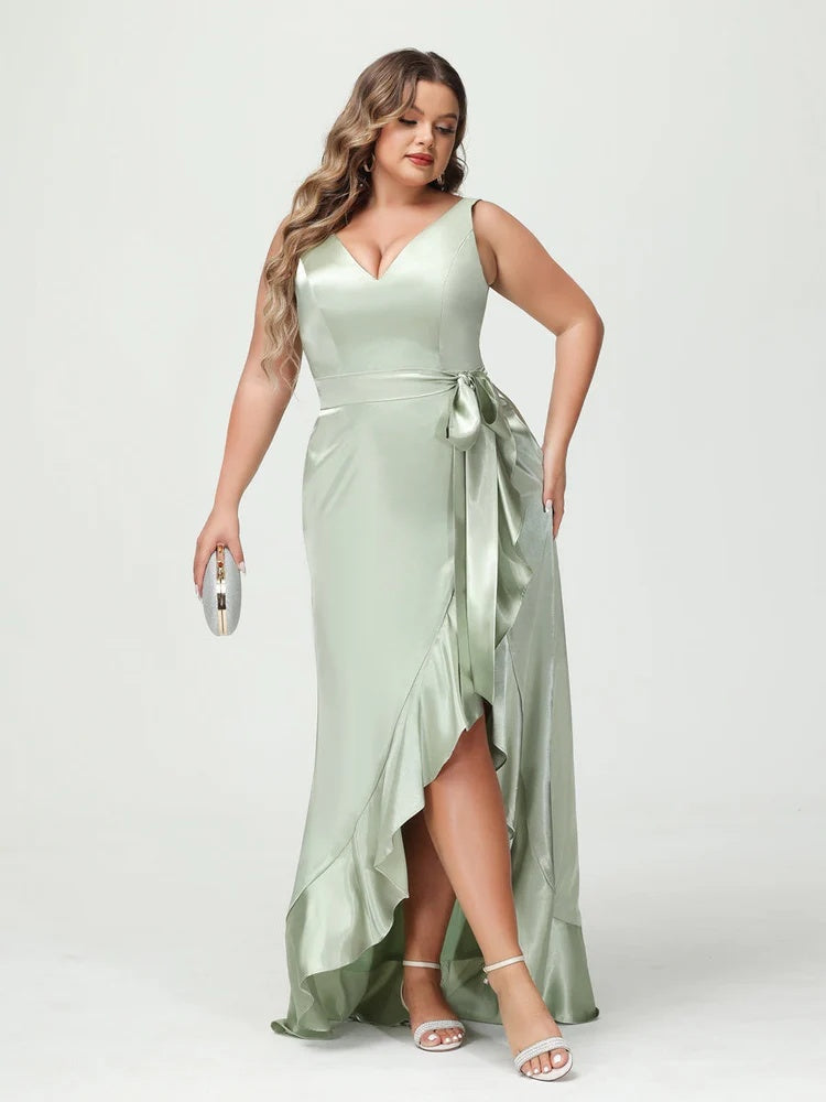 V-Neck Sleeveless High Low Plus Size Dress with Ruffles, Pockets, and Sash