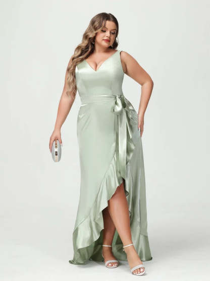 V-Neck Sleeveless High Low Plus Size Dress with Ruffles, Pockets, and Sash