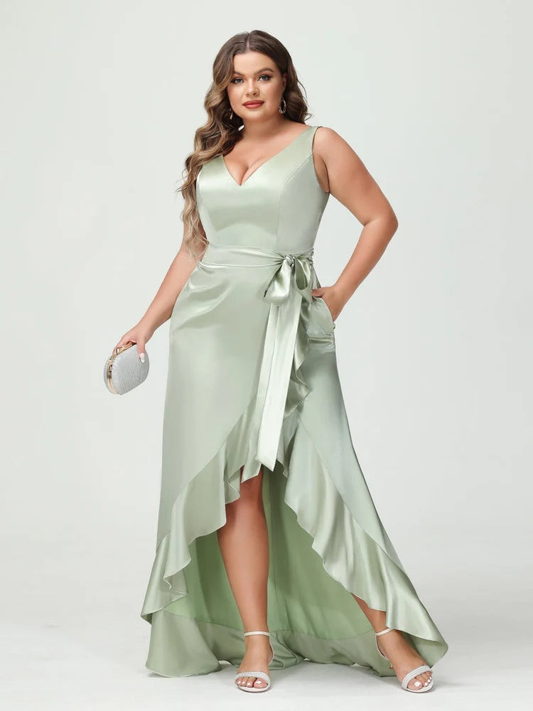 V-Neck Sleeveless High Low Plus Size Dress with Ruffles, Pockets, and Sash