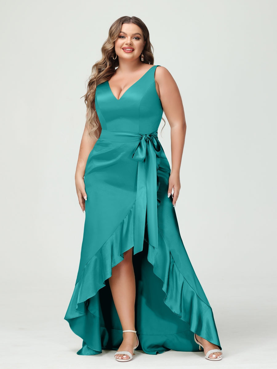 V-Neck Sleeveless High Low Plus Size Dress with Ruffles, Pockets, and Sash