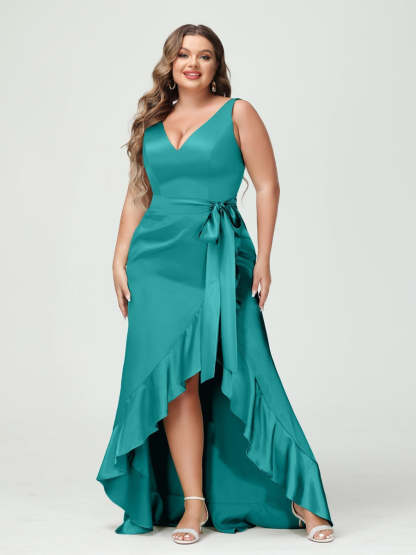 V-Neck Sleeveless High Low Plus Size Dress with Ruffles, Pockets, and Sash