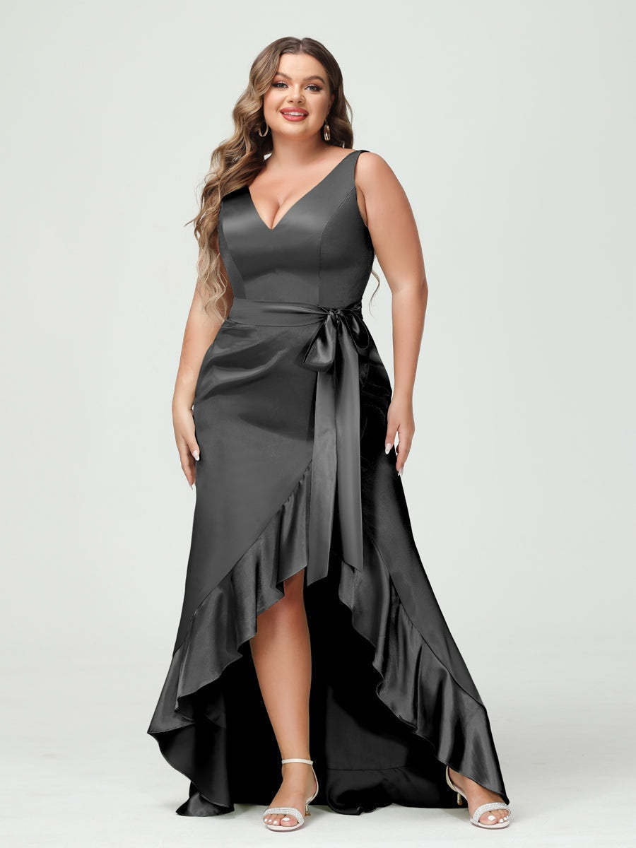 V-Neck Sleeveless High Low Plus Size Dress with Ruffles, Pockets, and Sash