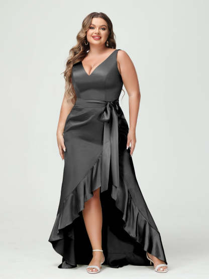 V-Neck Sleeveless High Low Plus Size Dress with Ruffles, Pockets, and Sash