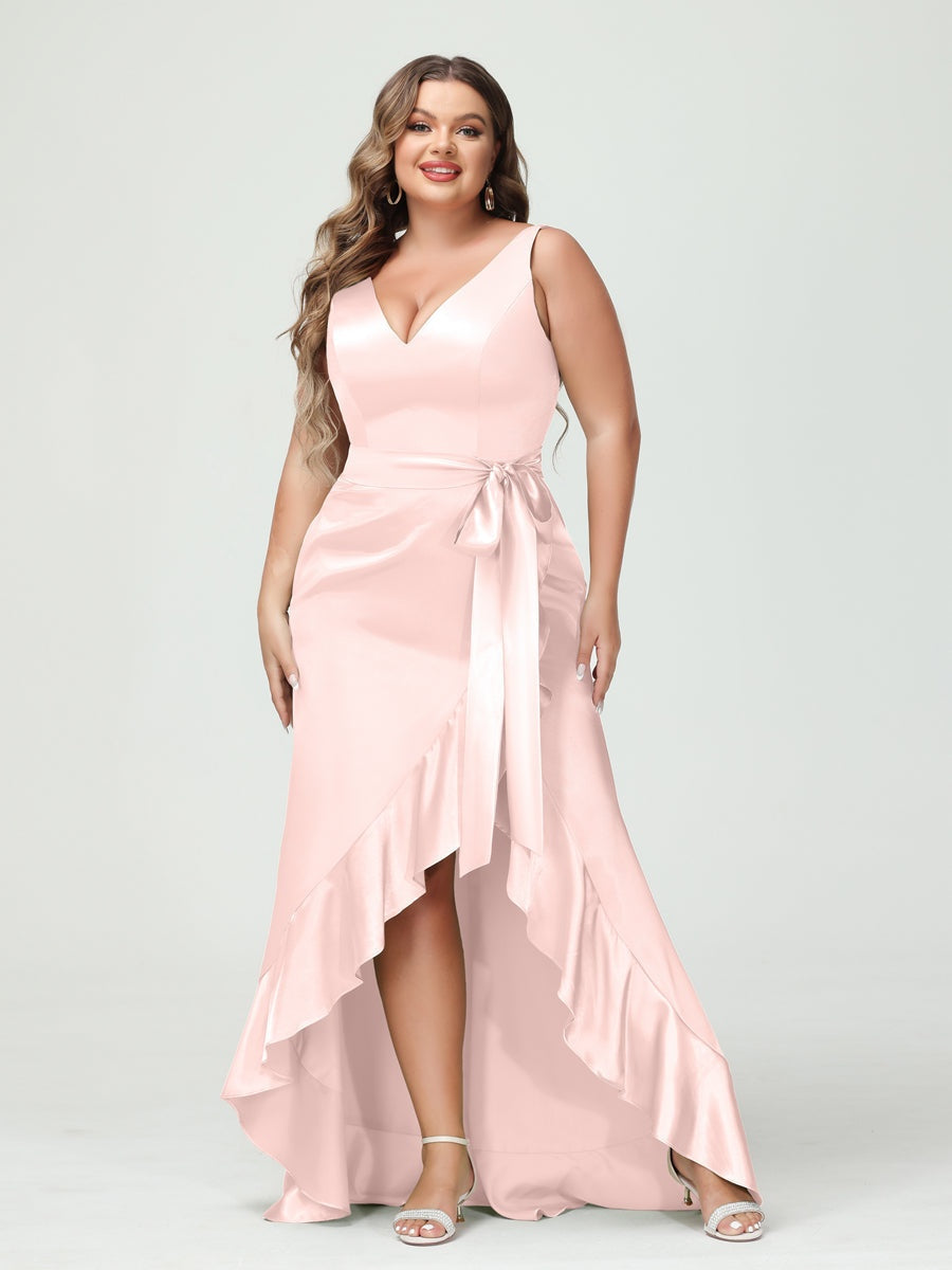 V-Neck Sleeveless High Low Plus Size Dress with Ruffles, Pockets, and Sash