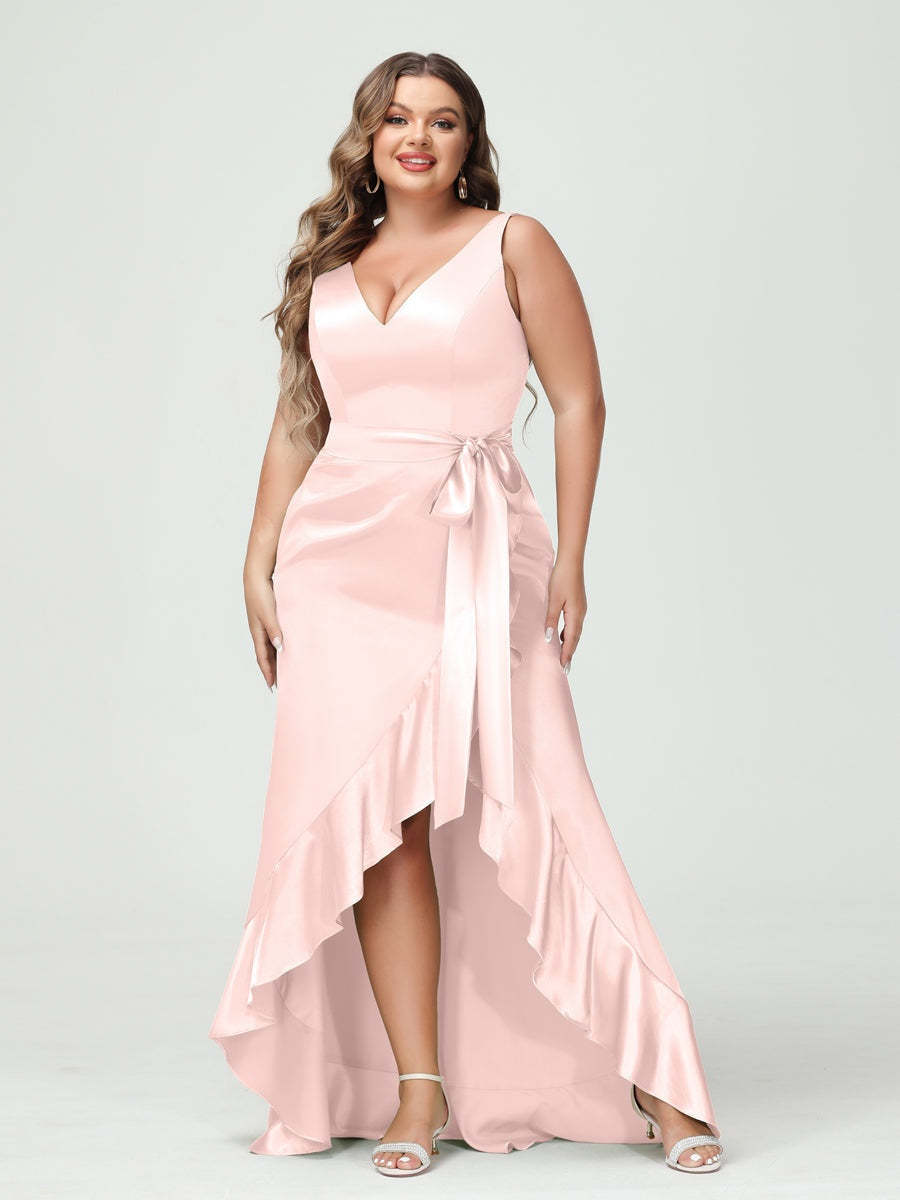 V-Neck Sleeveless High Low Plus Size Dress with Ruffles, Pockets, and Sash