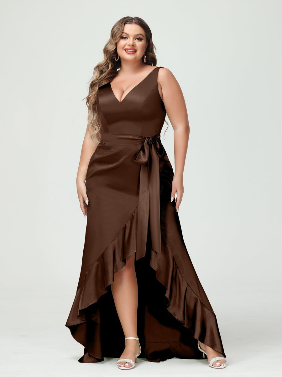 V-Neck Sleeveless High Low Plus Size Dress with Ruffles, Pockets, and Sash
