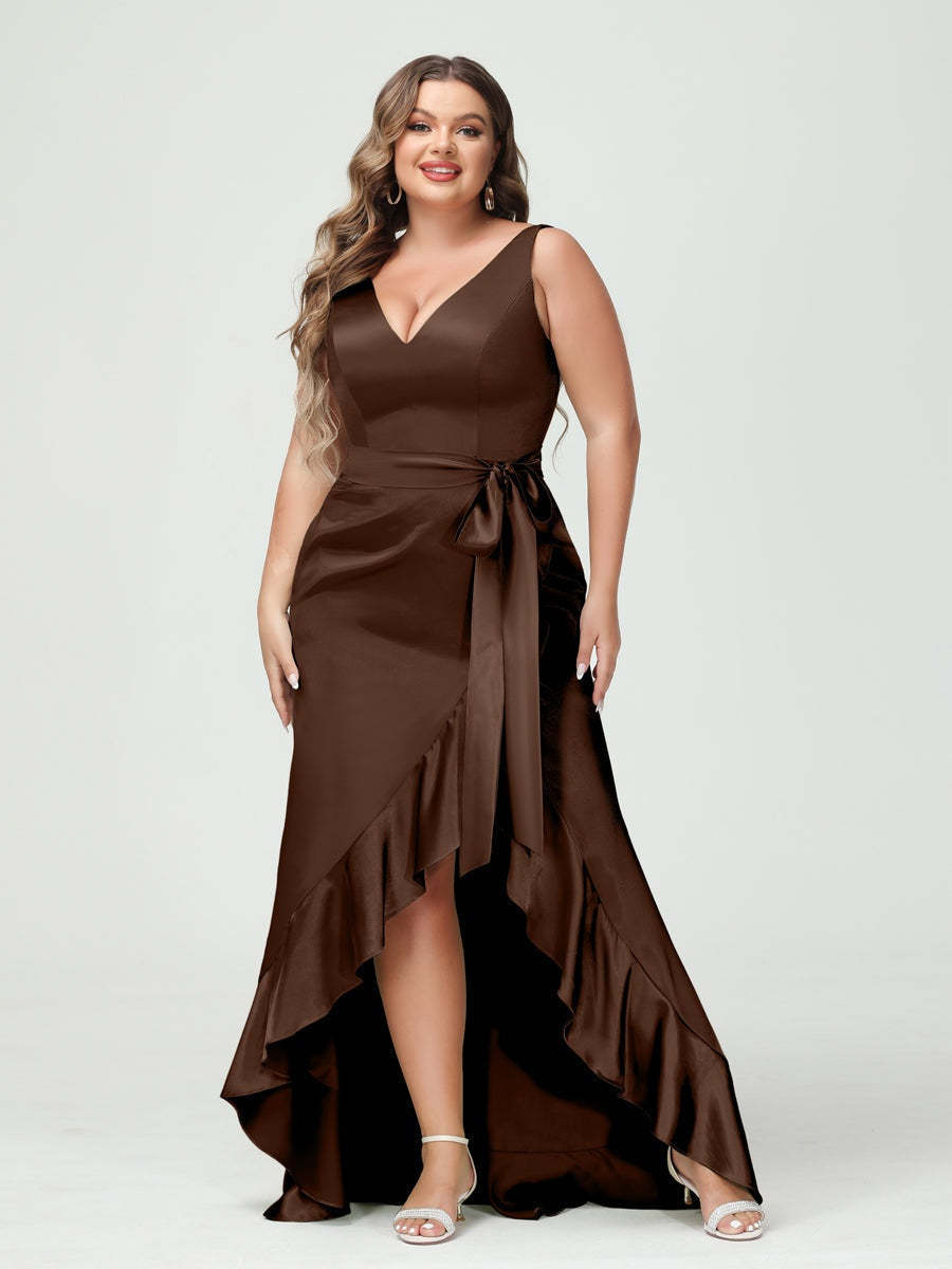 V-Neck Sleeveless High Low Plus Size Dress with Ruffles, Pockets, and Sash