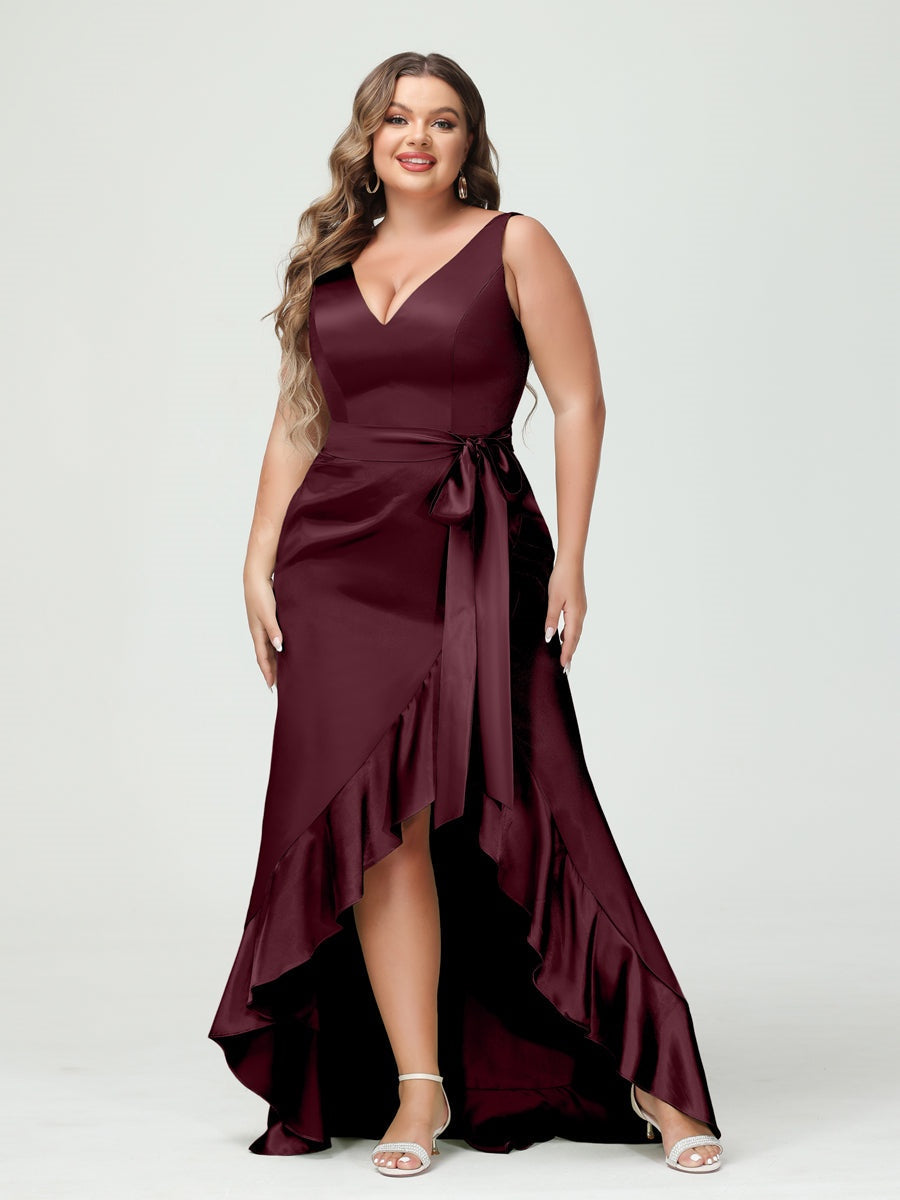 V-Neck Sleeveless High Low Plus Size Dress with Ruffles, Pockets, and Sash