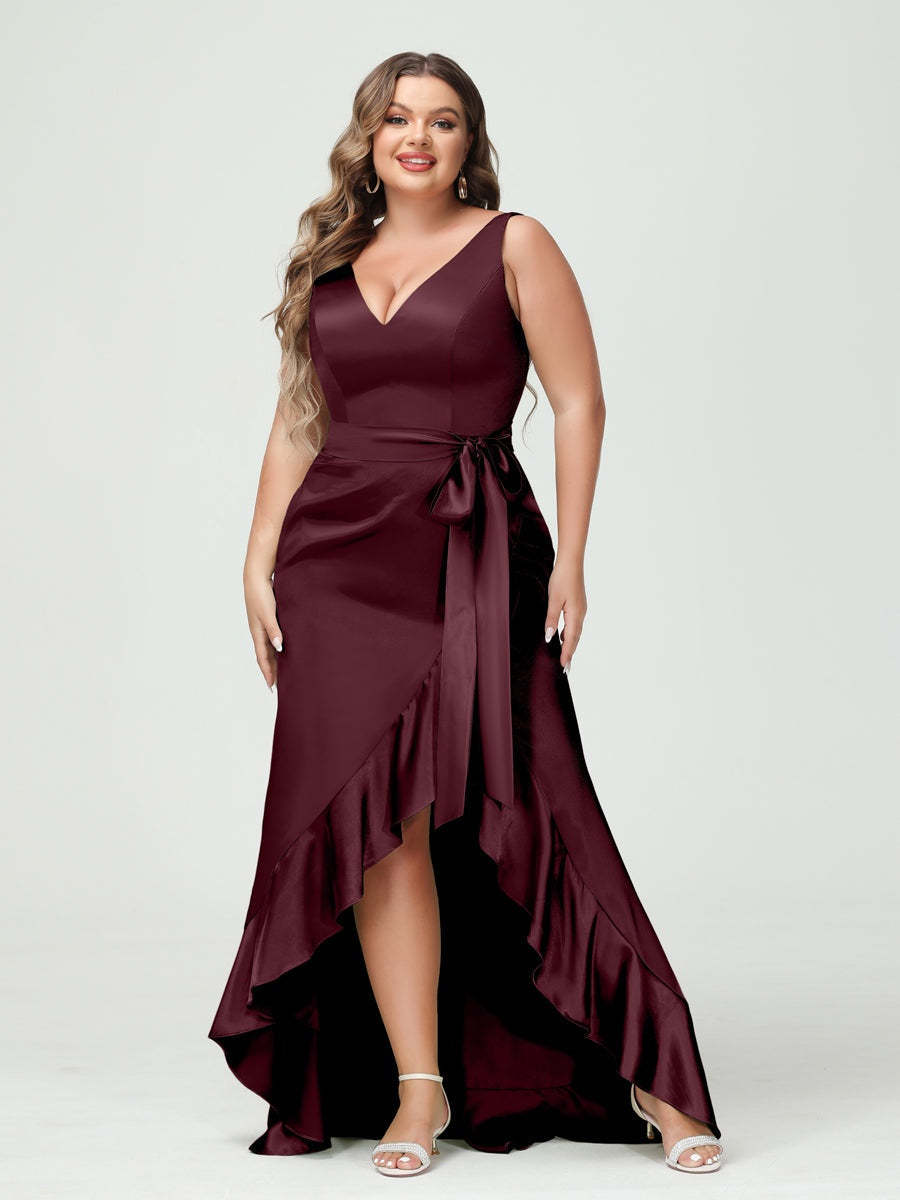 V-Neck Sleeveless High Low Plus Size Dress with Ruffles, Pockets, and Sash