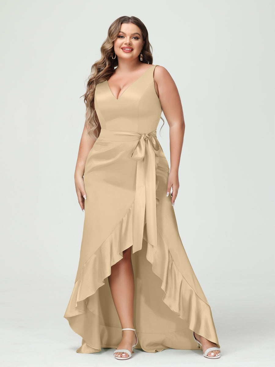 V-Neck Sleeveless High Low Plus Size Dress with Ruffles, Pockets, and Sash
