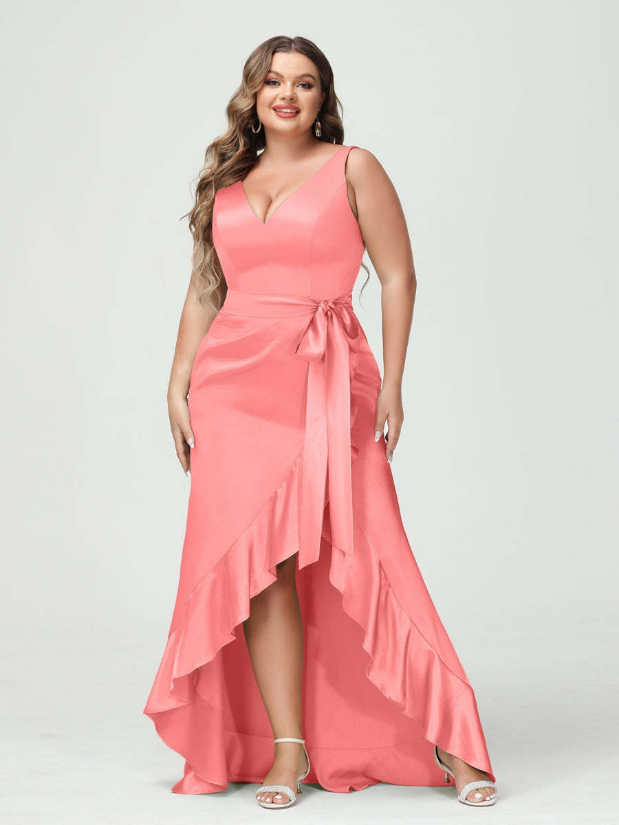 V-Neck Sleeveless High Low Plus Size Dress with Ruffles, Pockets, and Sash