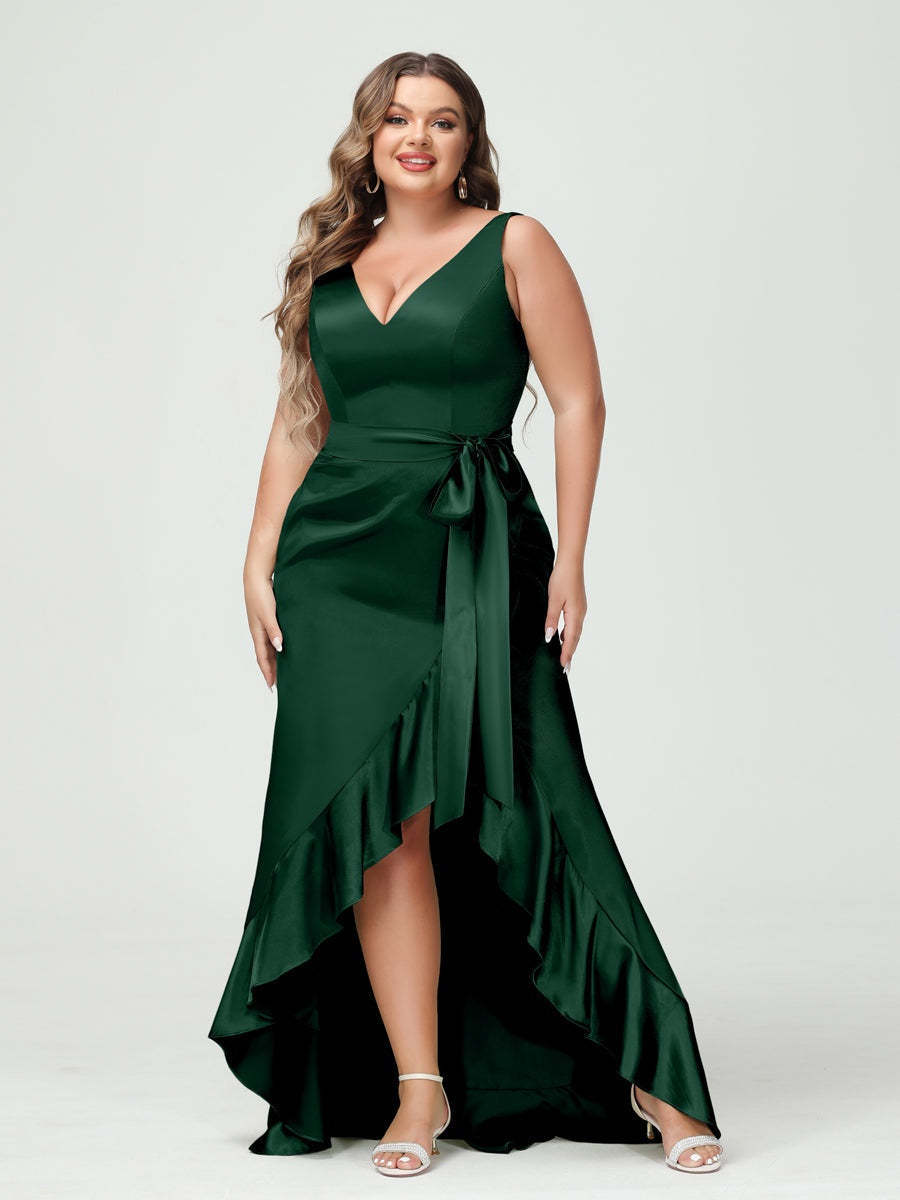 V-Neck Sleeveless High Low Plus Size Dress with Ruffles, Pockets, and Sash