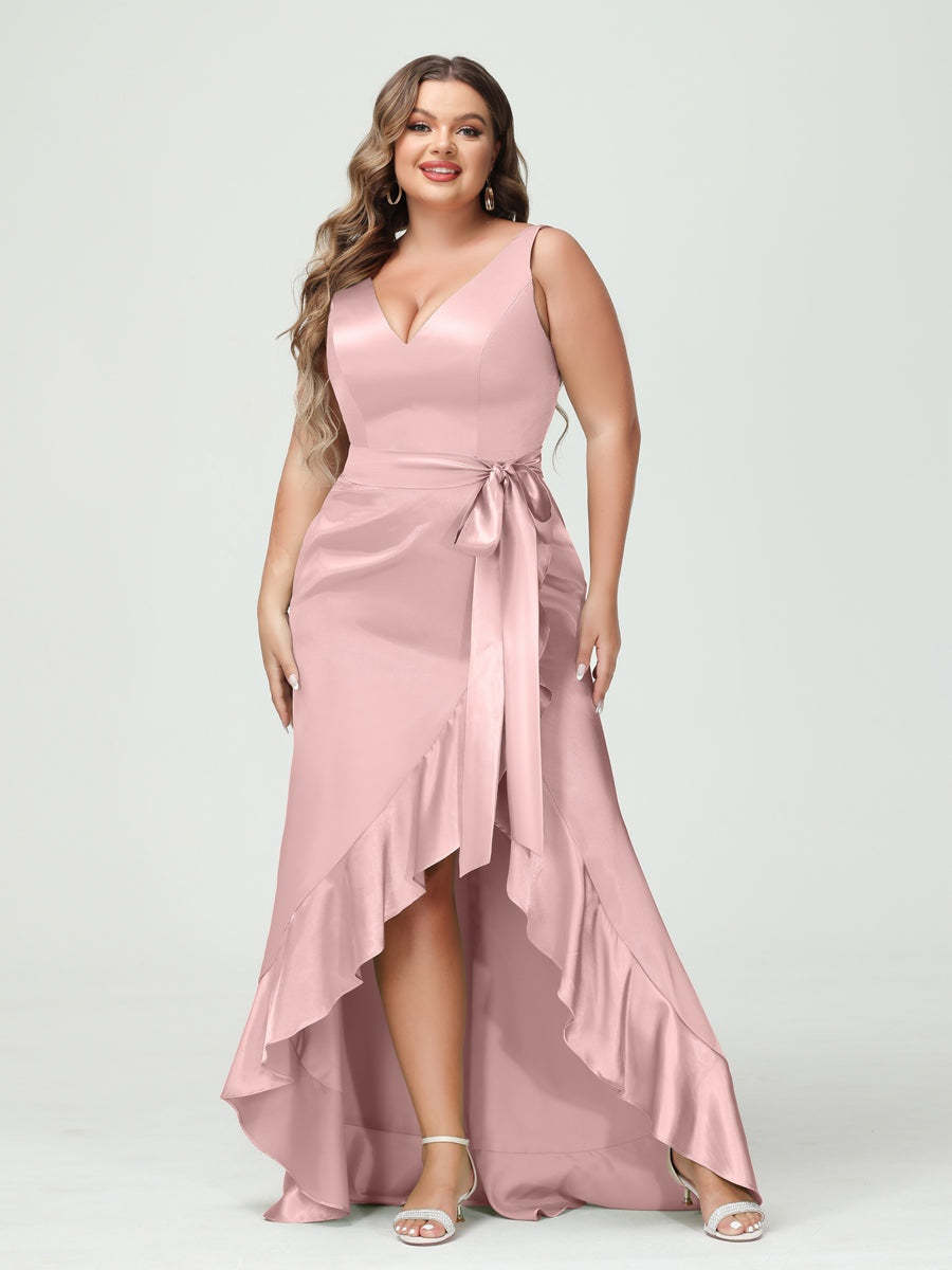 V-Neck Sleeveless High Low Plus Size Dress with Ruffles, Pockets, and Sash