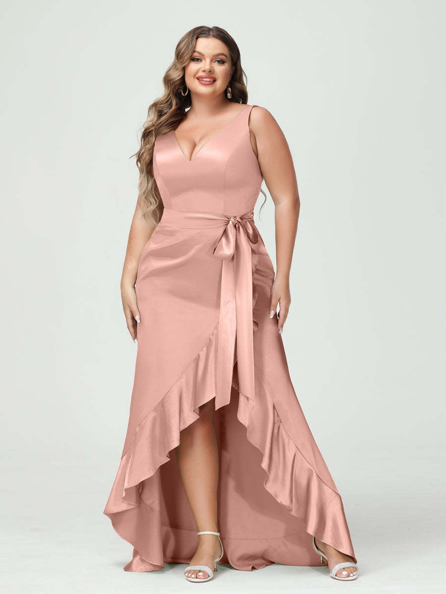 V-Neck Sleeveless High Low Plus Size Dress with Ruffles, Pockets, and Sash