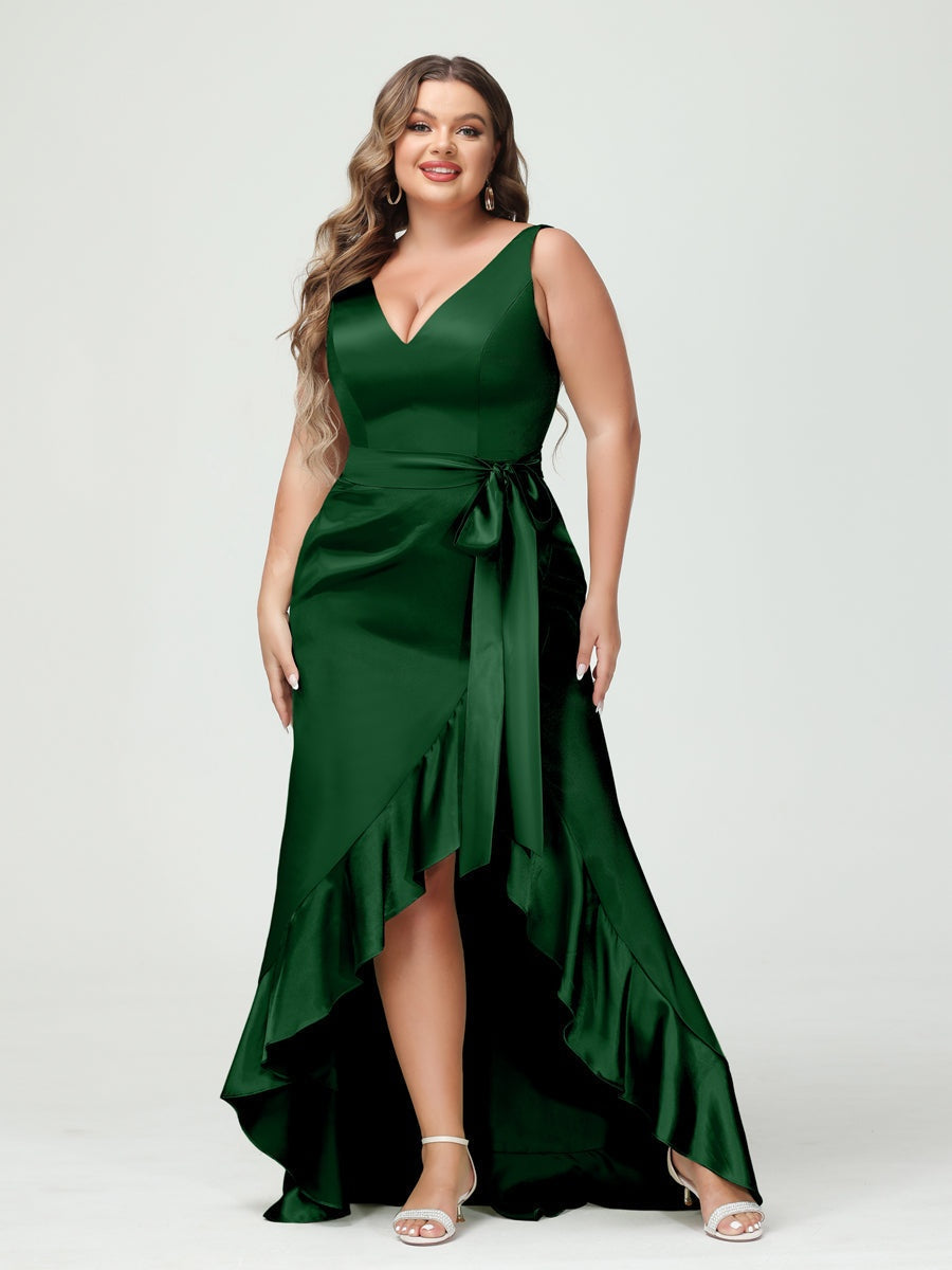 V-Neck Sleeveless High Low Plus Size Dress with Ruffles, Pockets, and Sash