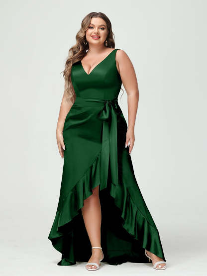V-Neck Sleeveless High Low Plus Size Dress with Ruffles, Pockets, and Sash