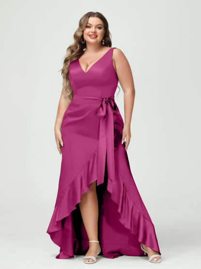 V-Neck Sleeveless High Low Plus Size Dress with Ruffles, Pockets, and Sash