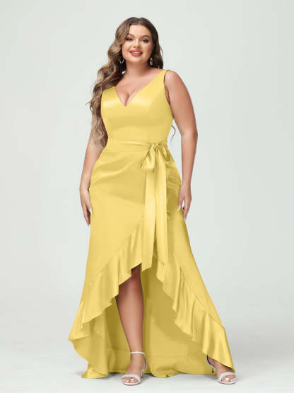 V-Neck Sleeveless High Low Plus Size Dress with Ruffles, Pockets, and Sash