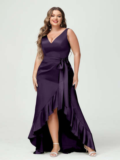 V-Neck Sleeveless High Low Plus Size Dress with Ruffles, Pockets, and Sash