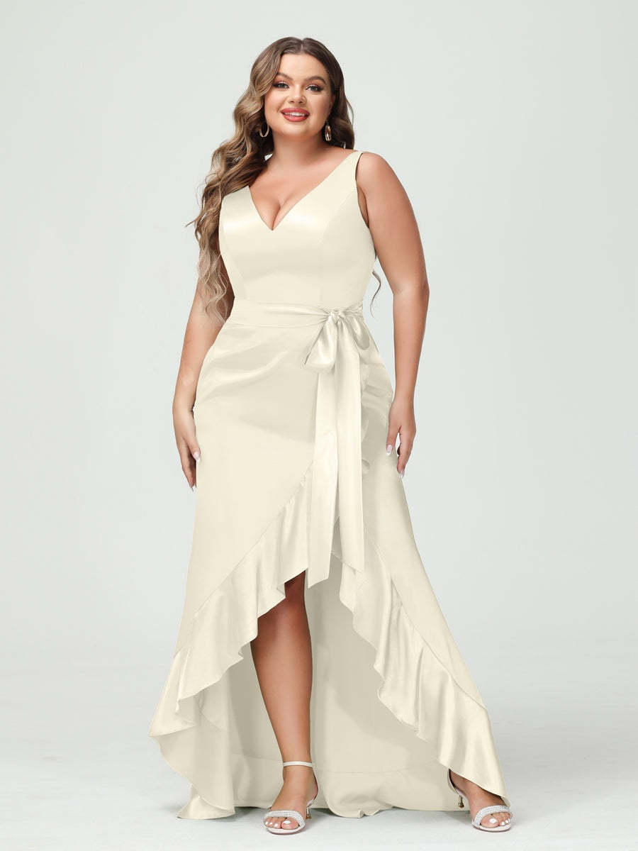 V-Neck Sleeveless High Low Plus Size Dress with Ruffles, Pockets, and Sash