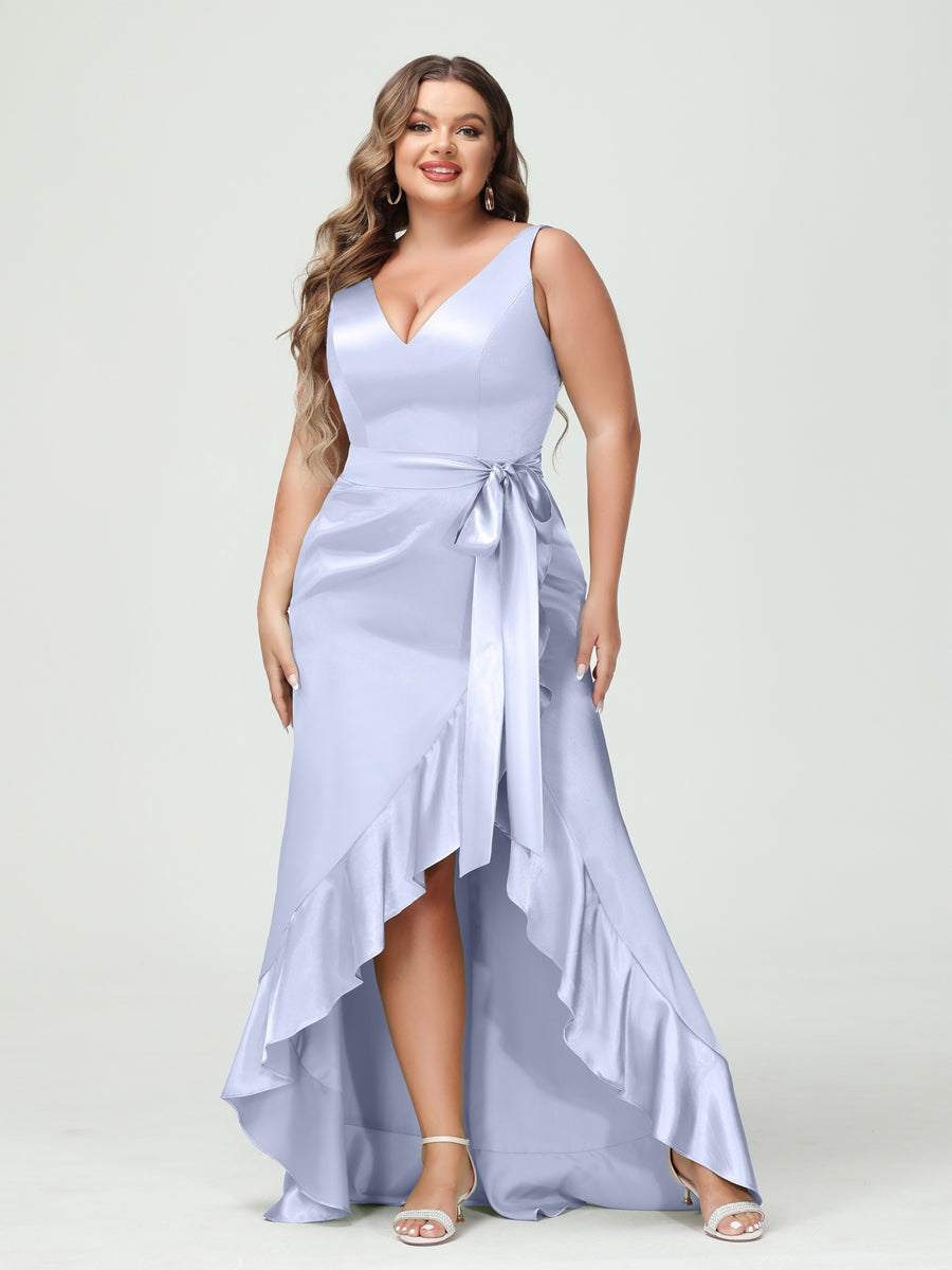 V-Neck Sleeveless High Low Plus Size Dress with Ruffles, Pockets, and Sash