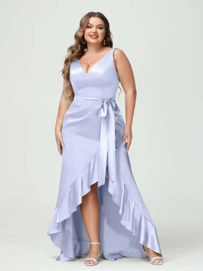 V-Neck Sleeveless High Low Plus Size Dress with Ruffles, Pockets, and Sash