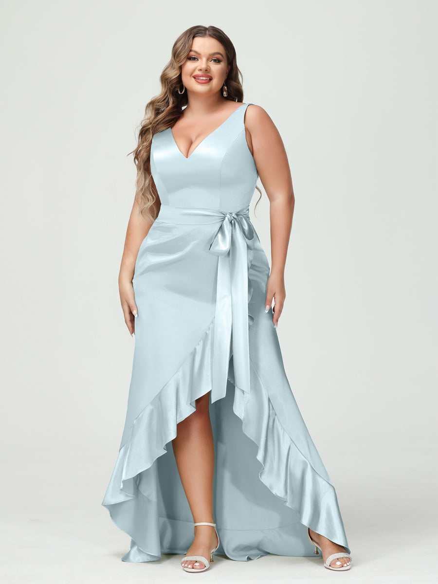 V-Neck Sleeveless High Low Plus Size Dress with Ruffles, Pockets, and Sash