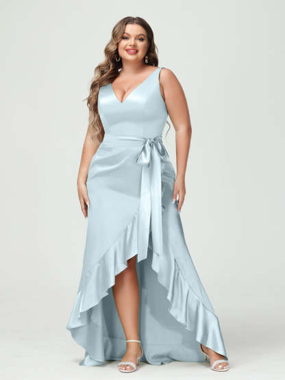 V-Neck Sleeveless High Low Plus Size Dress with Ruffles, Pockets, and Sash