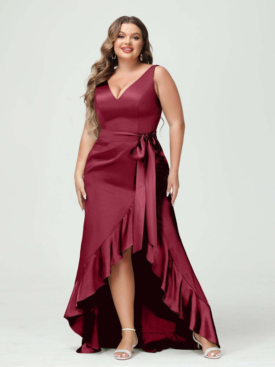 V-Neck Sleeveless High Low Plus Size Dress with Ruffles, Pockets, and Sash