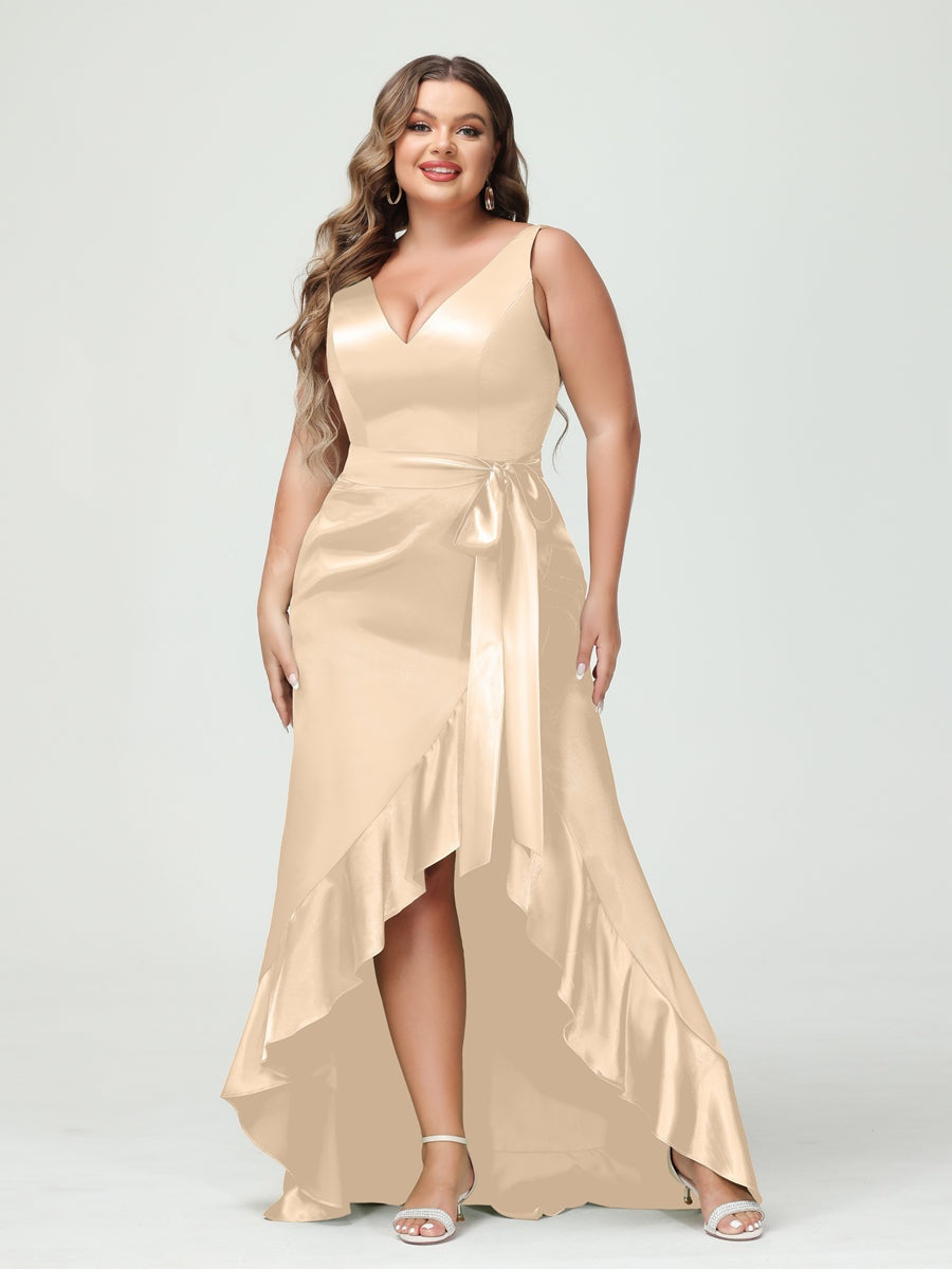 V-Neck Sleeveless High Low Plus Size Dress with Ruffles, Pockets, and Sash