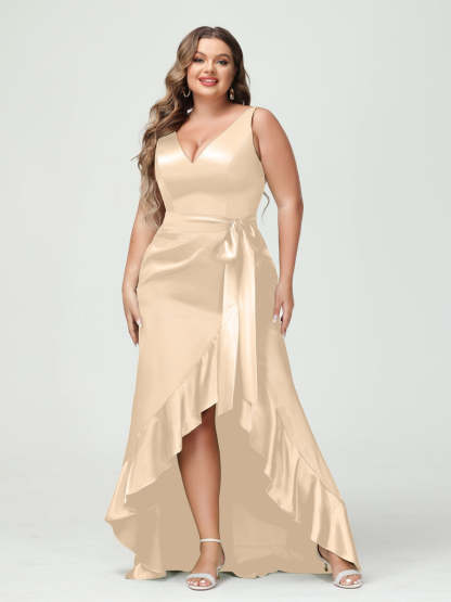 V-Neck Sleeveless High Low Plus Size Dress with Ruffles, Pockets, and Sash