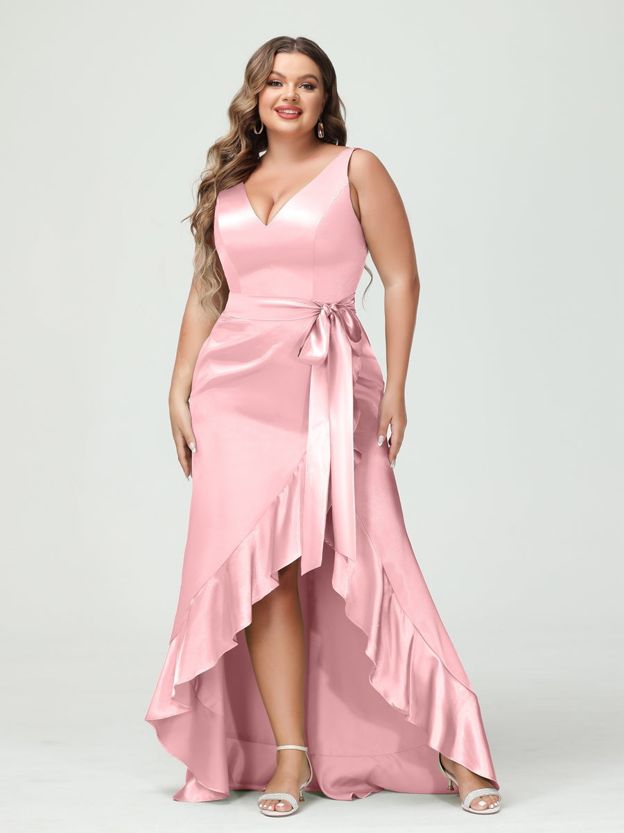 V-Neck Sleeveless High Low Plus Size Dress with Ruffles, Pockets, and Sash