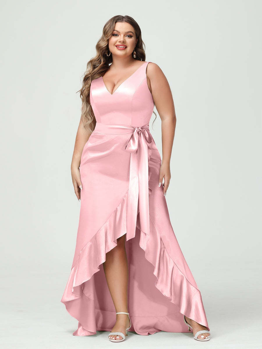 V-Neck Sleeveless High Low Plus Size Dress with Ruffles, Pockets, and Sash