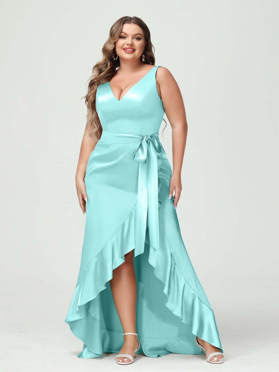 V-Neck Sleeveless High Low Plus Size Dress with Ruffles, Pockets, and Sash