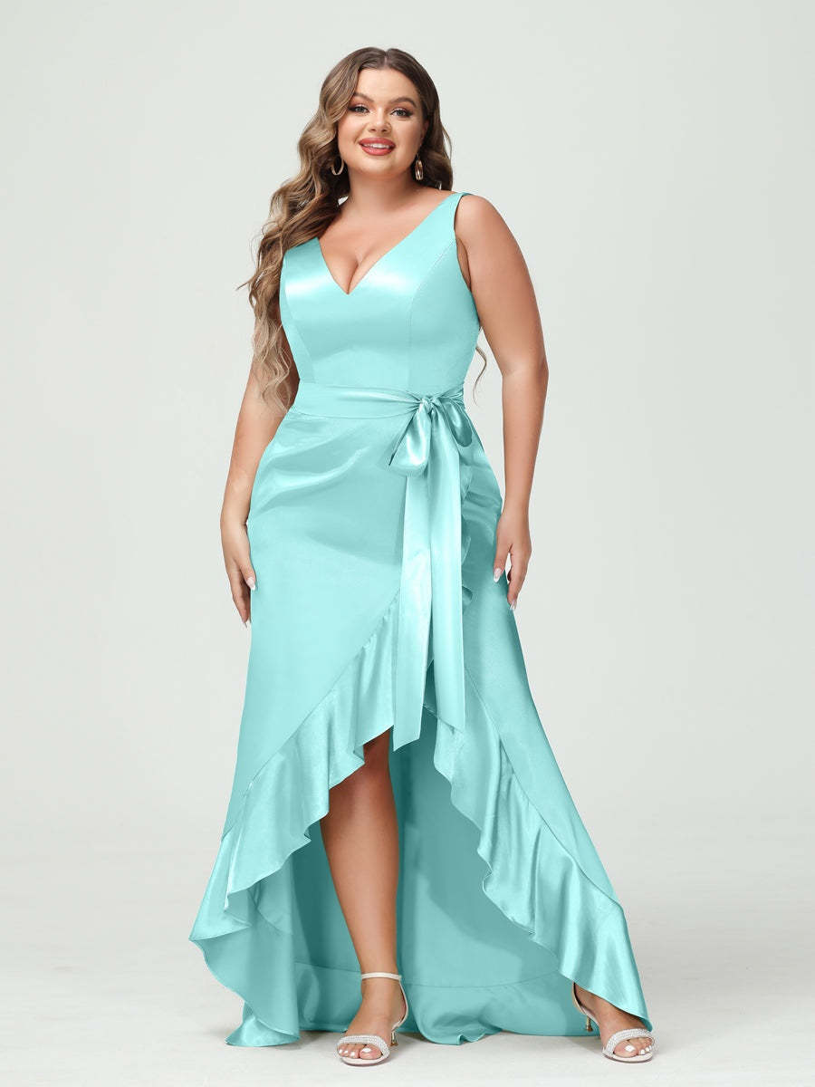 V-Neck Sleeveless High Low Plus Size Dress with Ruffles, Pockets, and Sash
