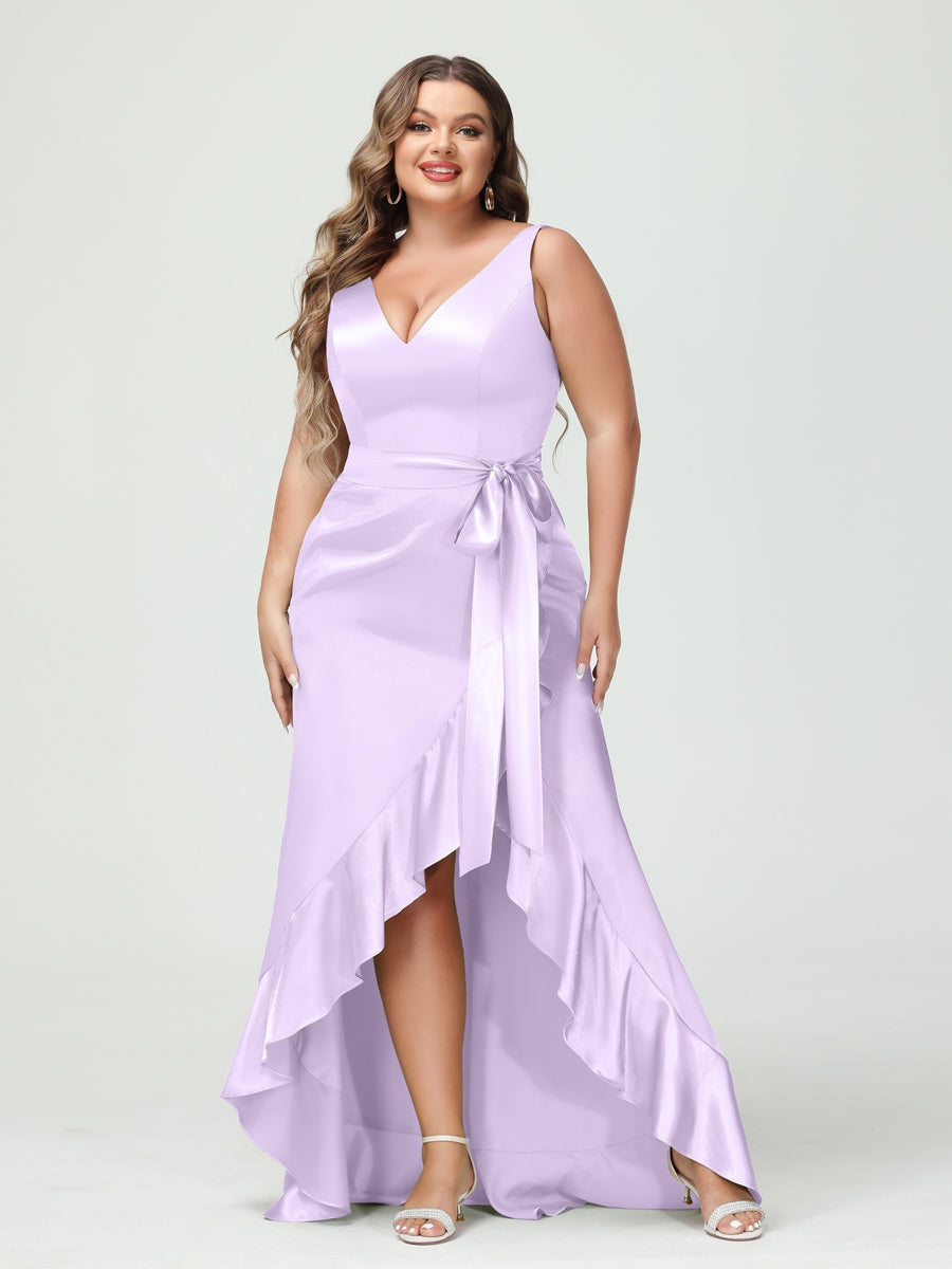 V-Neck Sleeveless High Low Plus Size Dress with Ruffles, Pockets, and Sash