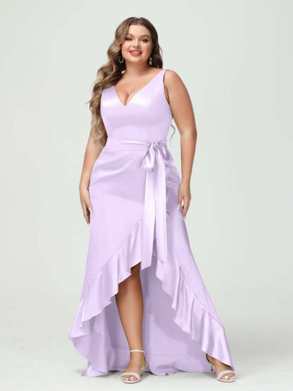 V-Neck Sleeveless High Low Plus Size Dress with Ruffles, Pockets, and Sash