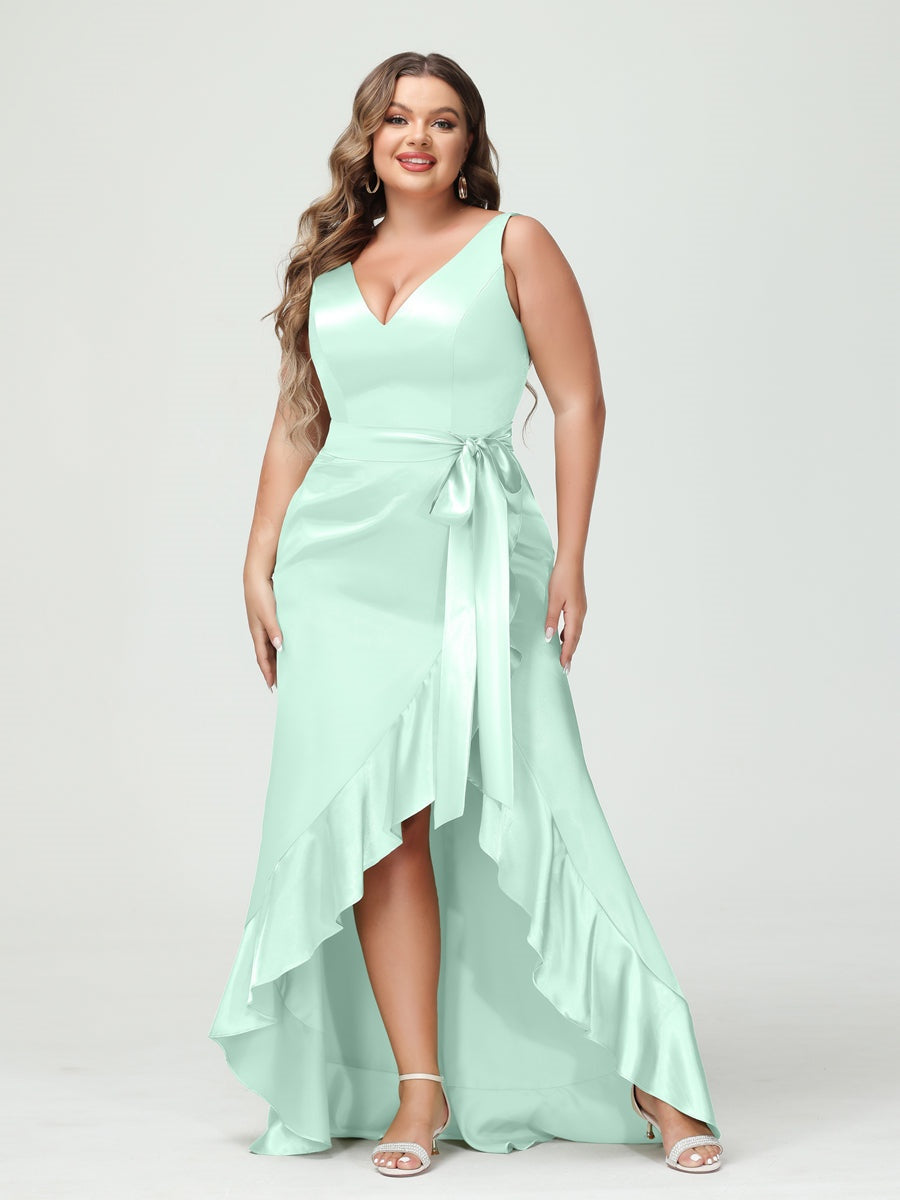 V-Neck Sleeveless High Low Plus Size Dress with Ruffles, Pockets, and Sash