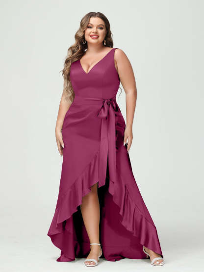 V-Neck Sleeveless High Low Plus Size Dress with Ruffles, Pockets, and Sash