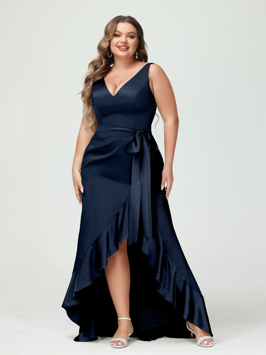 V-Neck Sleeveless High Low Plus Size Dress with Ruffles, Pockets, and Sash