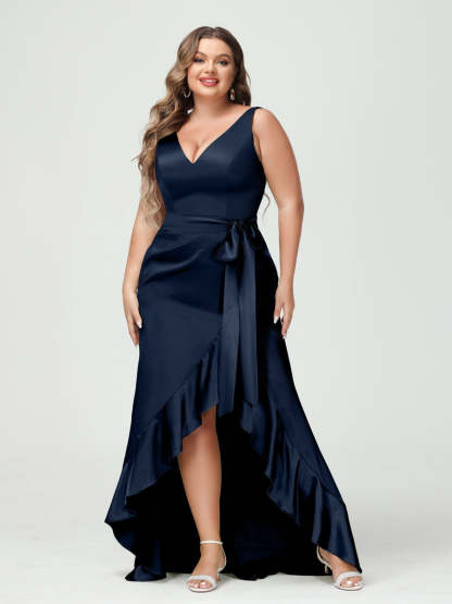V-Neck Sleeveless High Low Plus Size Dress with Ruffles, Pockets, and Sash