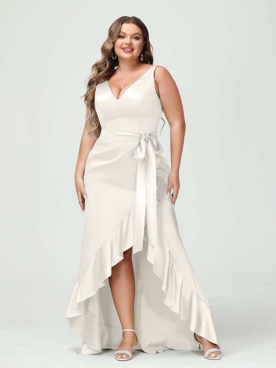V-Neck Sleeveless High Low Plus Size Dress with Ruffles, Pockets, and Sash