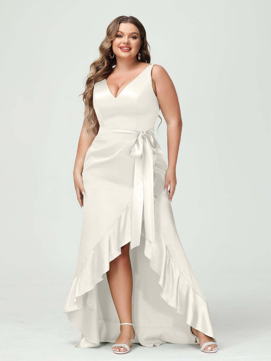 V-Neck Sleeveless High Low Plus Size Dress with Ruffles, Pockets, and Sash