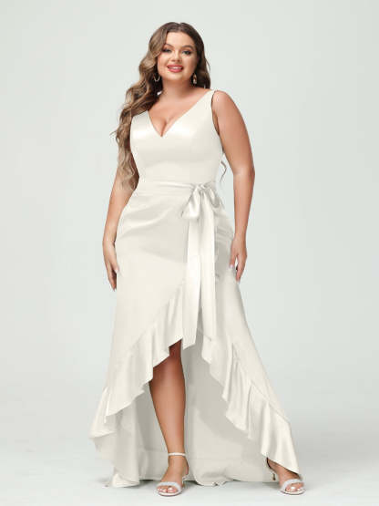 V-Neck Sleeveless High Low Plus Size Dress with Ruffles, Pockets, and Sash