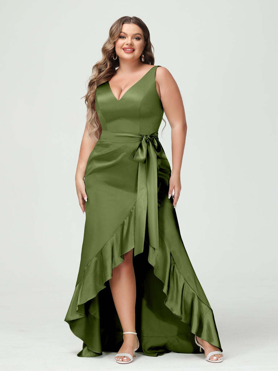 V-Neck Sleeveless High Low Plus Size Dress with Ruffles, Pockets, and Sash