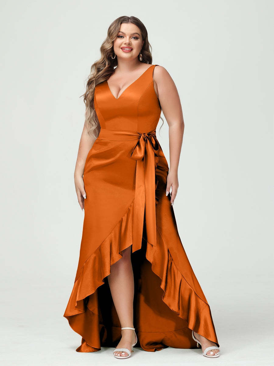 V-Neck Sleeveless High Low Plus Size Dress with Ruffles, Pockets, and Sash