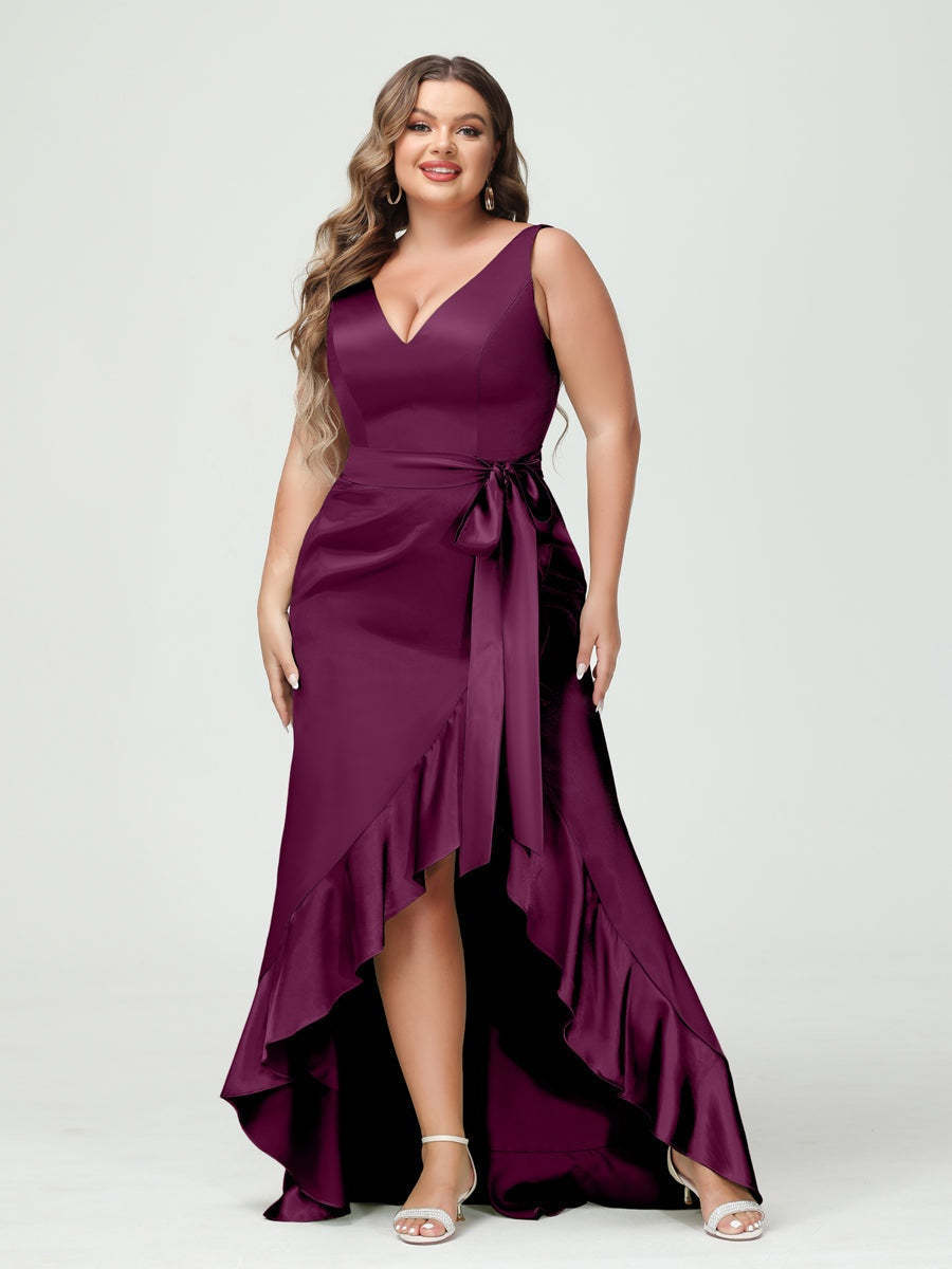 V-Neck Sleeveless High Low Plus Size Dress with Ruffles, Pockets, and Sash