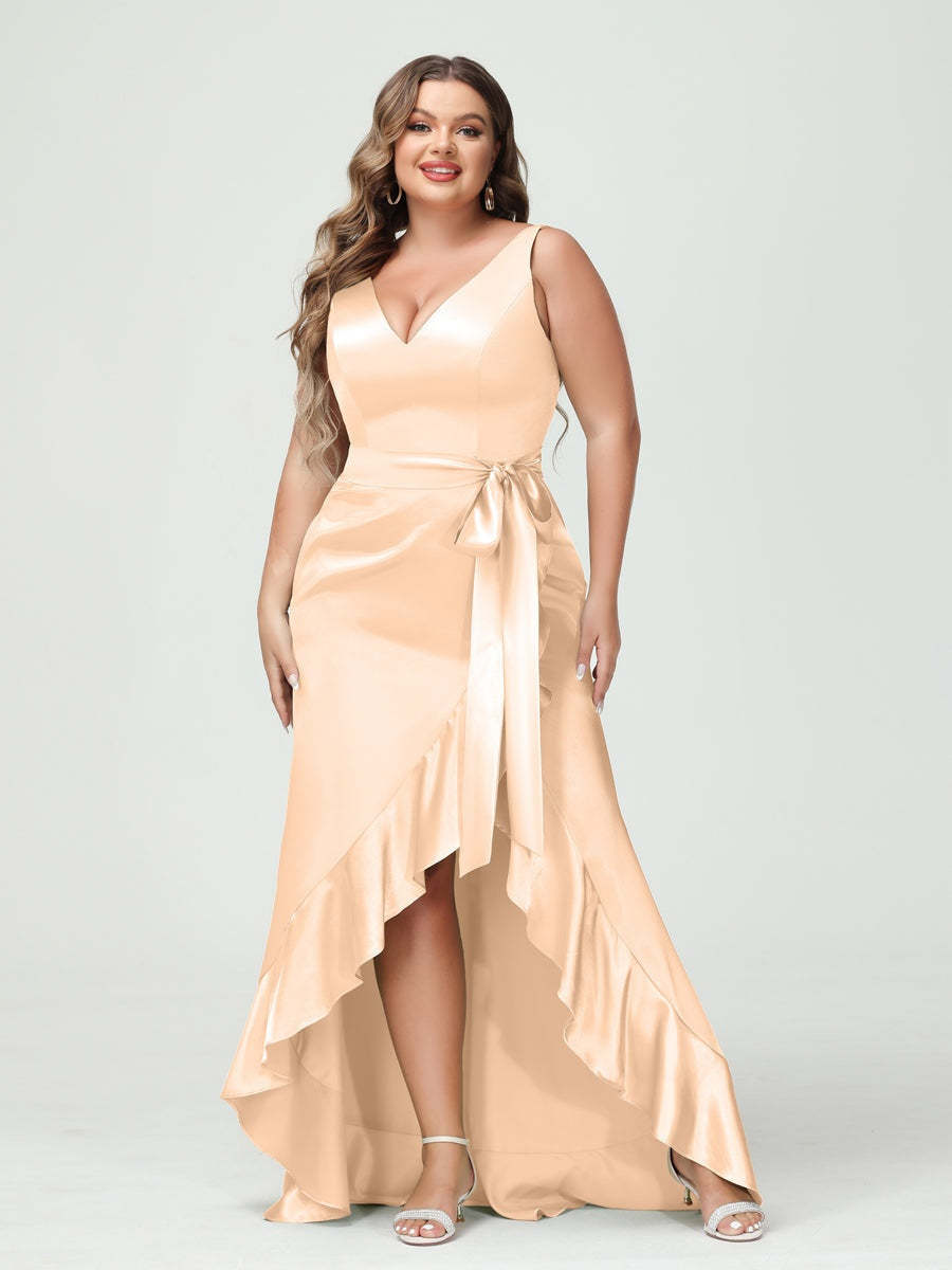 V-Neck Sleeveless High Low Plus Size Dress with Ruffles, Pockets, and Sash