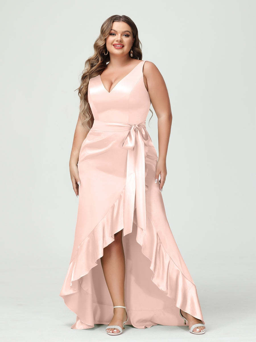 V-Neck Sleeveless High Low Plus Size Dress with Ruffles, Pockets, and Sash